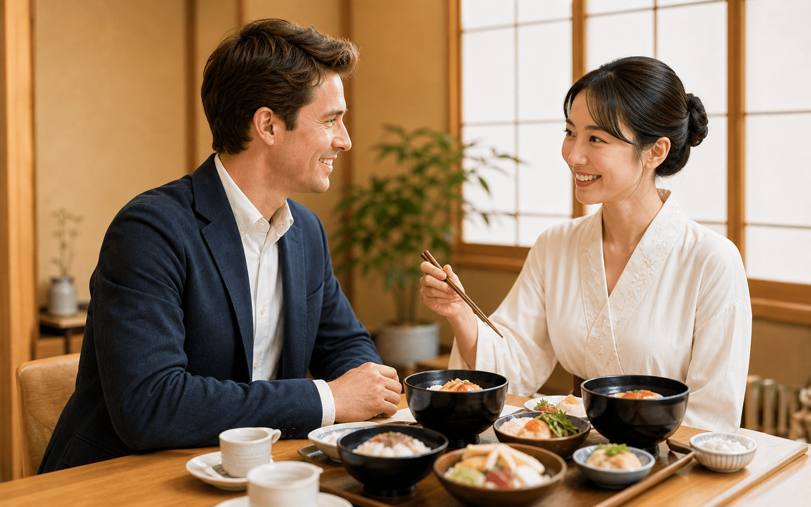 日本の食事やビジネスマナーを学ぶ生徒