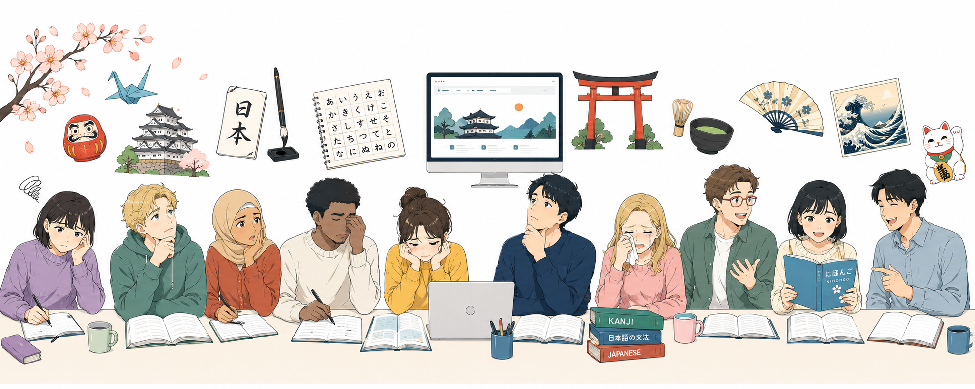 日本語を学ぶ学生たちのイラスト